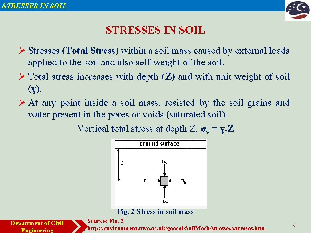 STRESSES IN SOIL Ø Stresses (Total Stress) within a soil mass caused by external