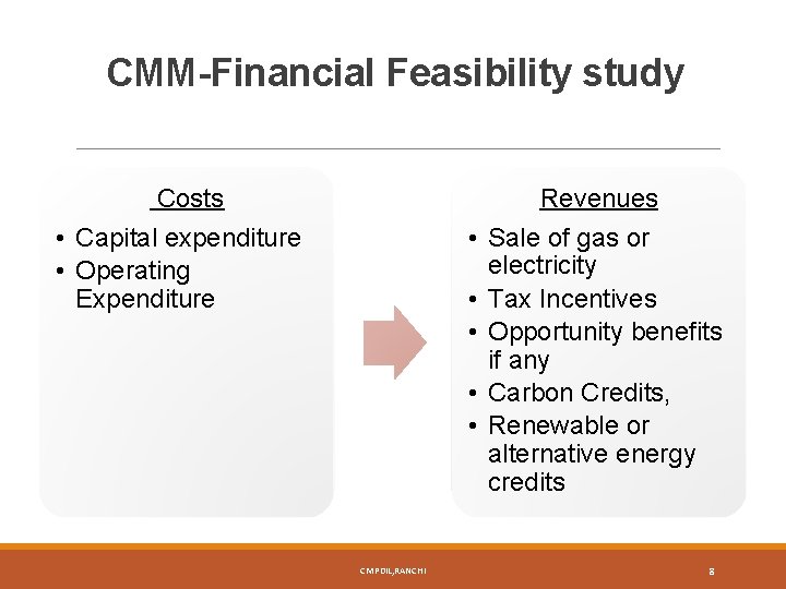 CMM-Financial Feasibility study Costs Revenues • Capital expenditure • Operating Expenditure • Sale of
