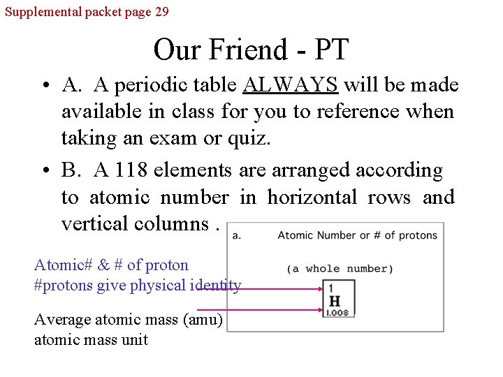 Supplemental packet page 29 Our Friend - PT • A. A periodic table ALWAYS