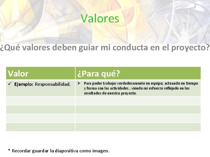 Valores ¿Qué valores deben guiar mi conducta en el proyecto? Valor ¿Para qué? ü