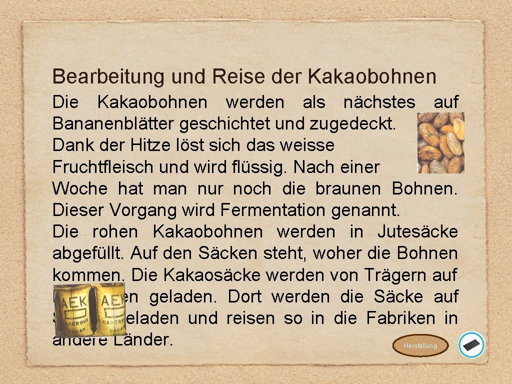 Bearbeitung und Reise der Kakaobohnen Die Kakaobohnen werden als nächstes auf Bananenblätter geschichtet und