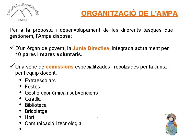 ORGANITZACIÓ DE L’AMPA Per a la proposta i desenvolupament de les diferents tasques que