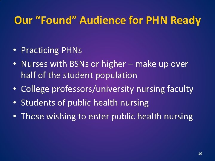 Our “Found” Audience for PHN Ready • Practicing PHNs • Nurses with BSNs or