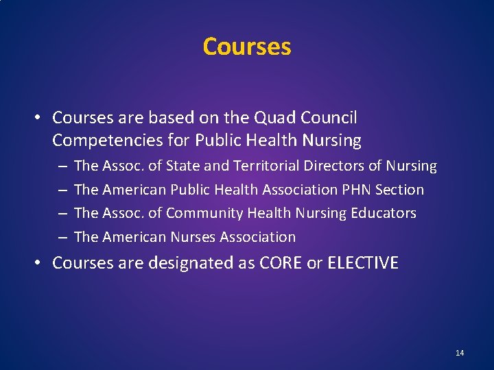 Courses • Courses are based on the Quad Council Competencies for Public Health Nursing