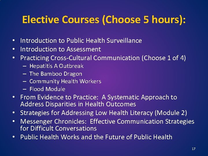 Elective Courses (Choose 5 hours): • Introduction to Public Health Surveillance • Introduction to