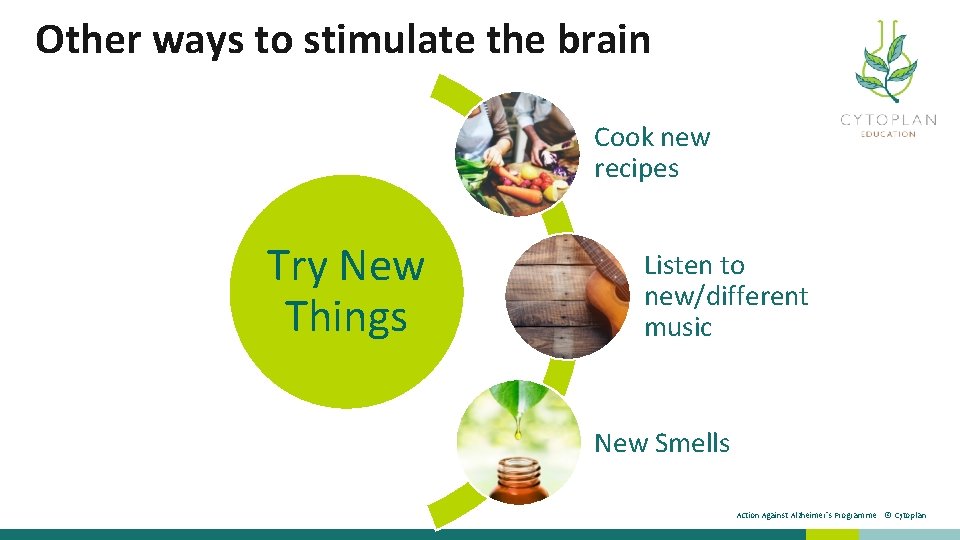 Other ways to stimulate the brain Cook new recipes Try New Things Listen to