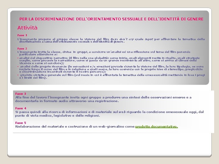 PER LA DISCRIMINAZIONE DELL’ORIENTAMENTO SESSUALE E DELL’IDENTITÀ DI GENERE Attività Fase 1 L’insegnante propone