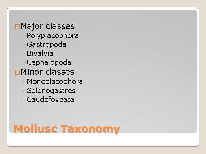 �Major classes ◦ Polyplacophora ◦ Gastropoda ◦ Bivalvia ◦ Cephalopoda �Minor classes ◦ Monoplacophora