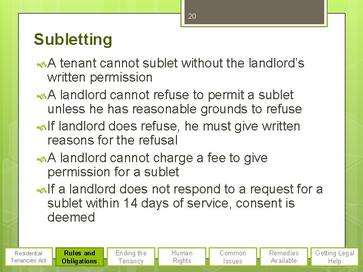 20 Subletting A tenant cannot sublet without the landlord’s written permission A landlord cannot