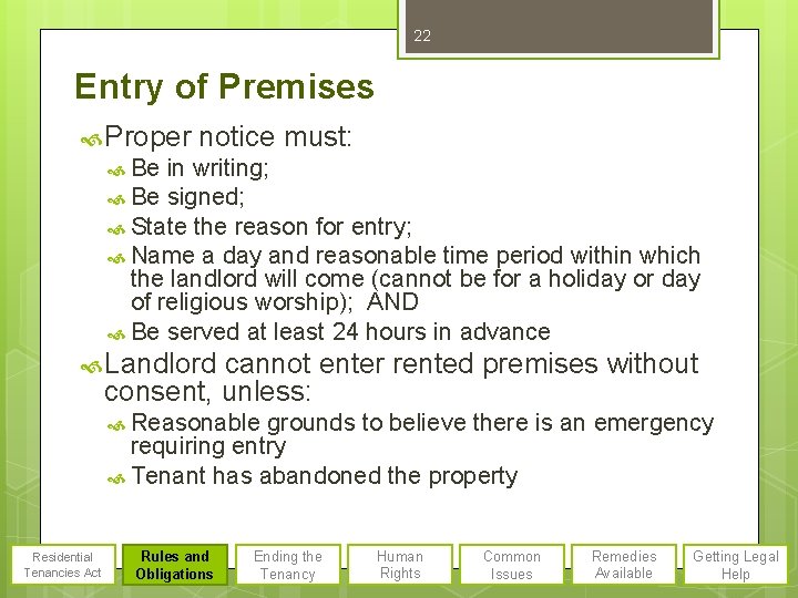 22 Entry of Premises Proper notice must: Be in writing; Be signed; State the