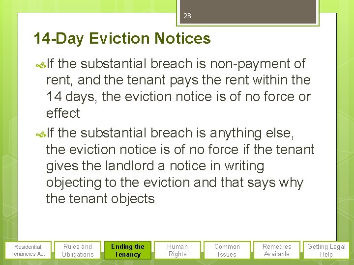 28 14 -Day Eviction Notices If the substantial breach is non-payment of rent, and