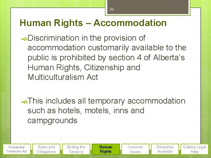 34 Human Rights – Accommodation Discrimination in the provision of accommodation customarily available to
