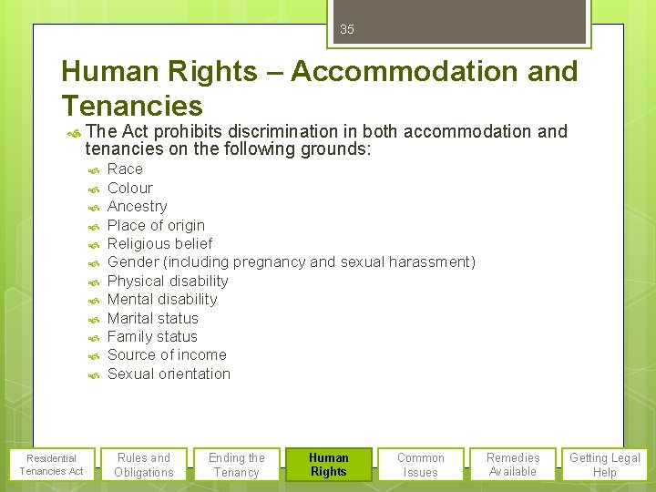 35 Human Rights – Accommodation and Tenancies The Act prohibits discrimination in both accommodation