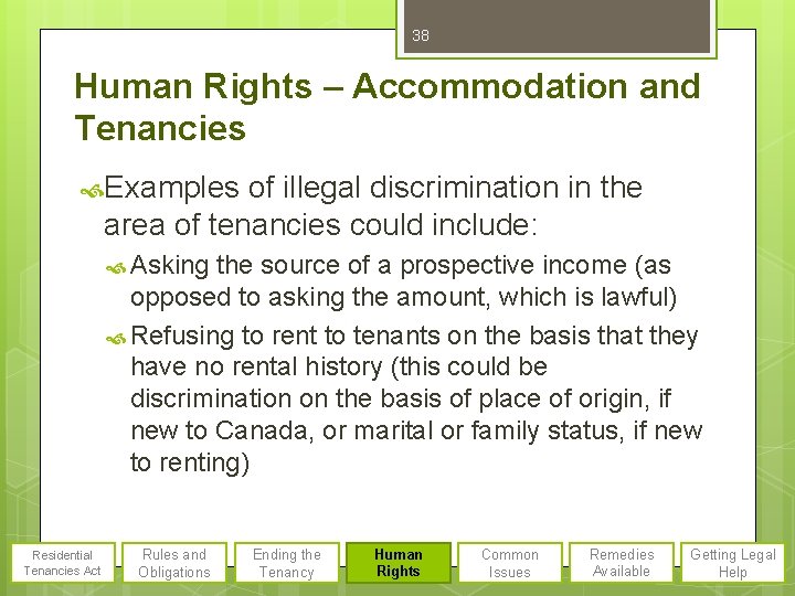 38 Human Rights – Accommodation and Tenancies Examples of illegal discrimination in the area