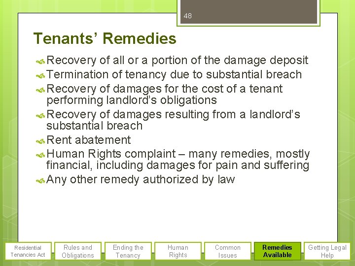 48 Tenants’ Remedies Recovery of all or a portion of the damage deposit Termination