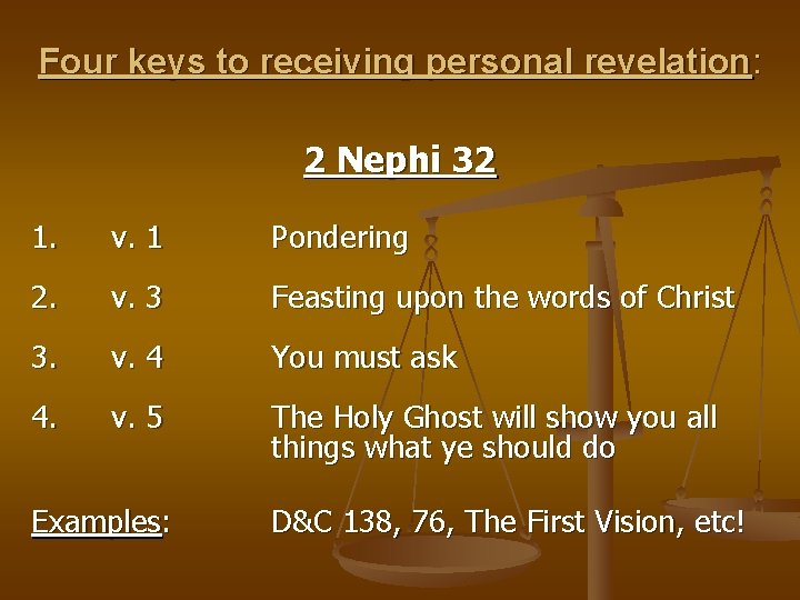 Four keys to receiving personal revelation: 2 Nephi 32 1. v. 1 Pondering 2.