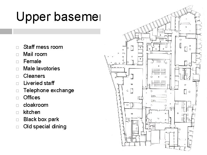 Upper basement plan Staff mess room Mail room Female Male lavotories Cleaners Liveried staff