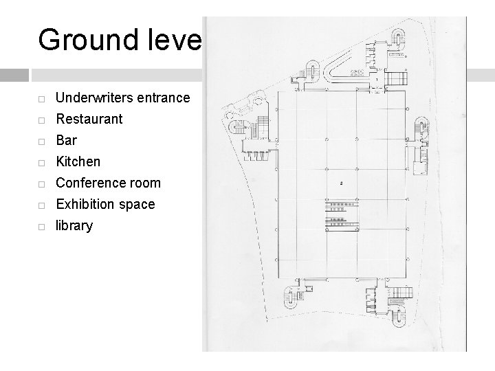 Ground level plan Underwriters entrance Restaurant Bar Kitchen Conference room Exhibition space library 