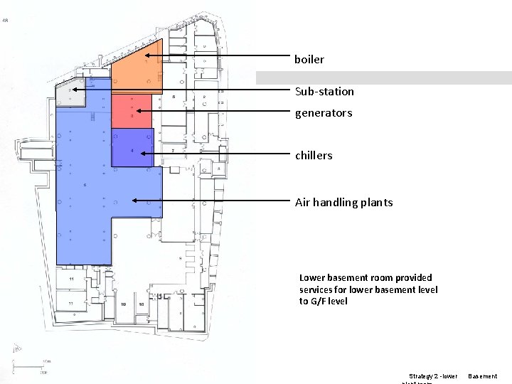 boiler Sub-station generators chillers Air handling plants Lower basement room provided services for lower