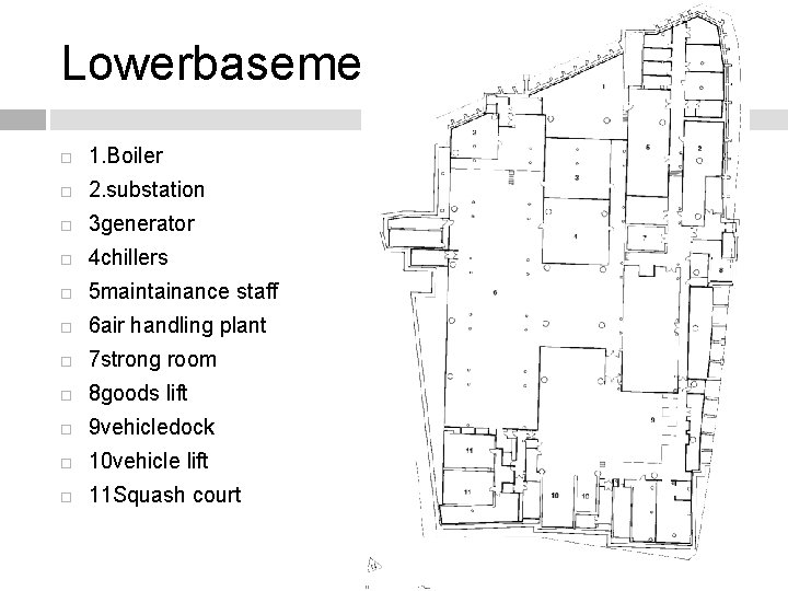 Lowerbasement plan 1. Boiler 2. substation 3 generator 4 chillers 5 maintainance staff 6