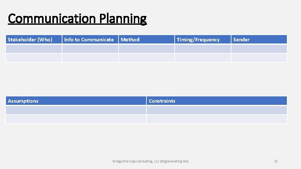 Communication Planning Stakeholder (Who) Assumptions Info to Communicate Method Timing/Frequency Sender Constraints Bridge the