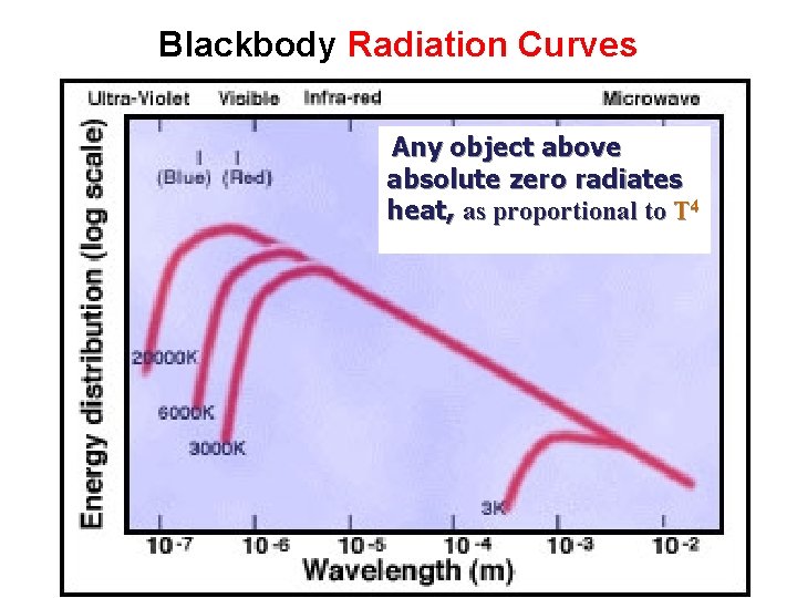 Blackbody Radiation Curves Any object above absolute zero radiates heat, as proportional to T