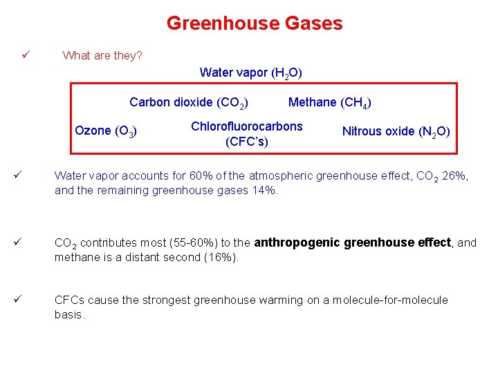 Greenhouse Gases ü What are they? Water vapor (H 2 O) Carbon dioxide (CO