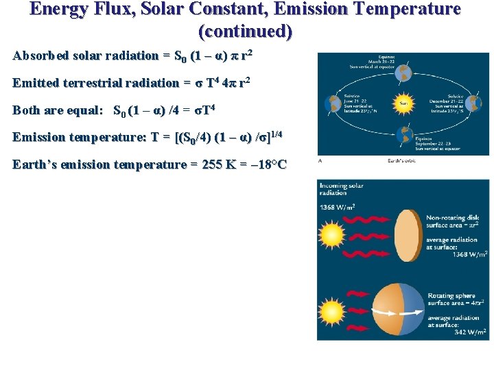 Energy Flux, Solar Constant, Emission Temperature (continued) Absorbed solar radiation = S 0 (1