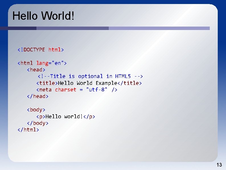 Hello World! <!DOCTYPE html> <html lang="en"> <head> <!--Title is optional in HTML 5 -->