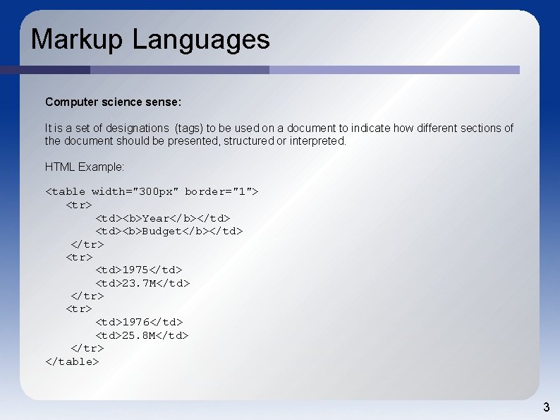 Markup Languages Computer science sense: It is a set of designations (tags) to be