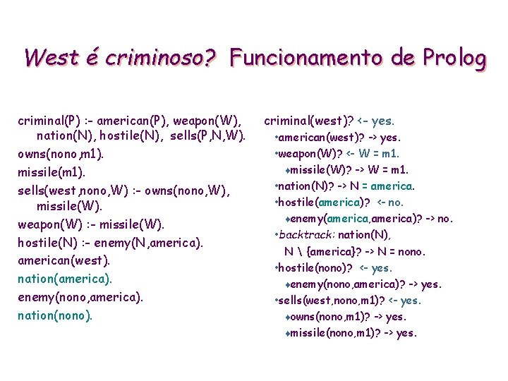 West é criminoso? Funcionamento de Prolog criminal(P) : - american(P), weapon(W), nation(N), hostile(N), sells(P,