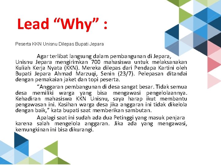 Lead “Why” : Peserta KKN Unisnu Dilepas Bupati Jepara Agar terlibat langsung dalam pembangunan