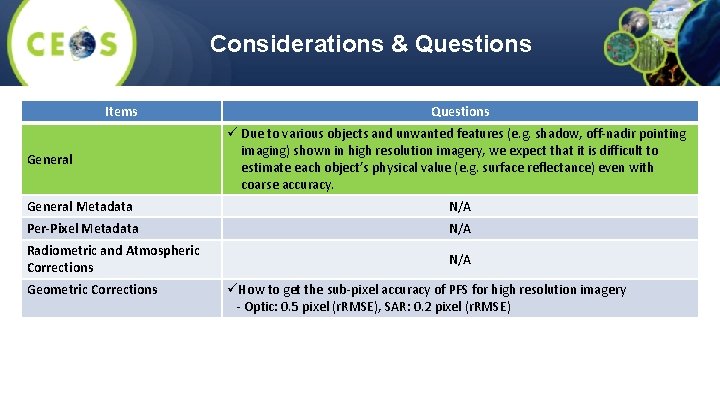 Considerations & Questions Items General Questions ü Due to various objects and unwanted features