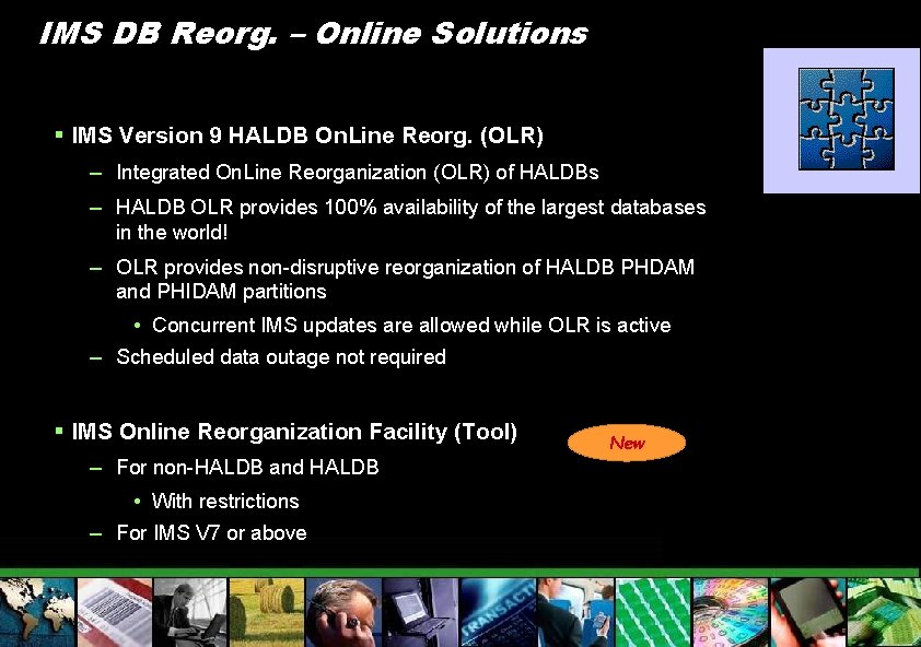 IMS DB Reorg. – Online Solutions § IMS Version 9 HALDB On. Line Reorg.