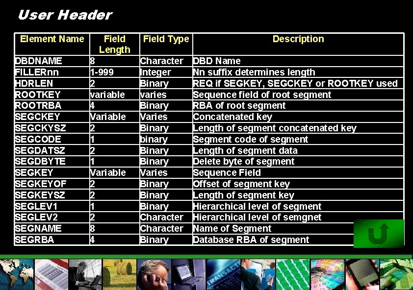 User Header Element Name DBDNAME FILLERnn HDRLEN ROOTKEY ROOTRBA SEGCKEY SEGCKYSZ SEGCODE SEGDATSZ SEGDBYTE