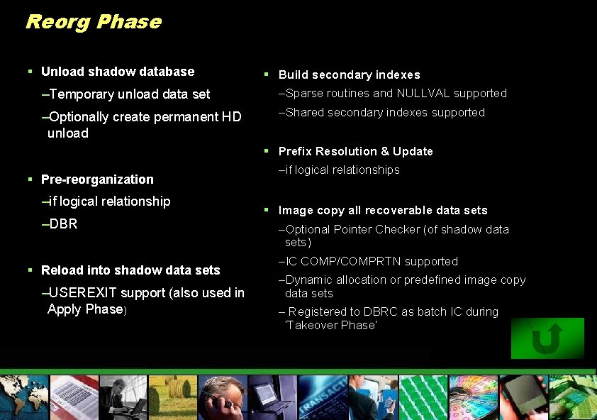 Reorg Phase § Unload shadow database § Build secondary indexes –Temporary unload data set