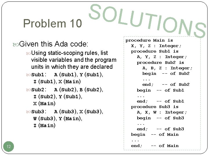 S O L UT Problem 10 Given this Ada code: Using static-scoping rules, list
