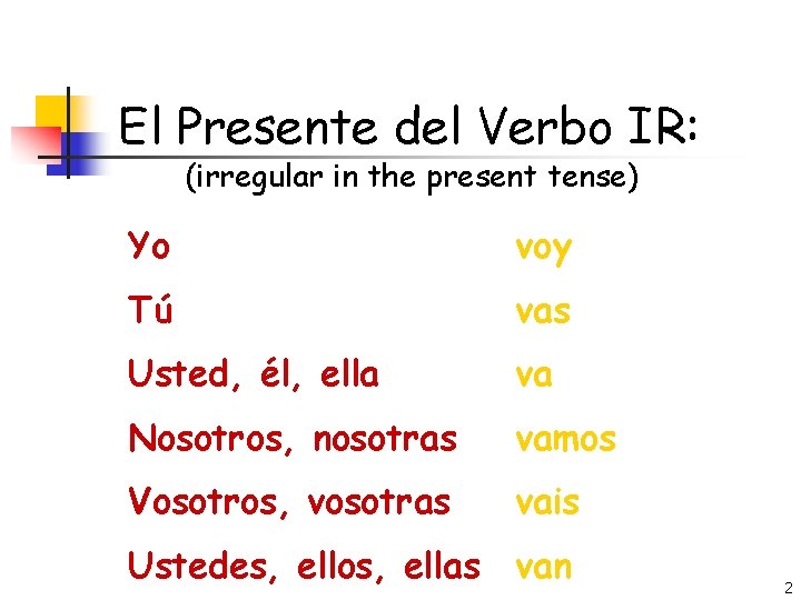 El Presente del Verbo IR: (irregular in the present tense) Yo voy Tú vas