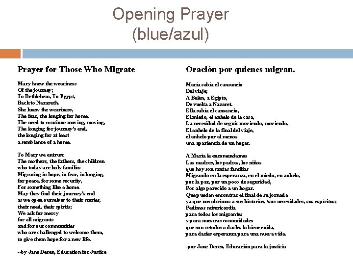 Opening Prayer (blue/azul) Prayer for Those Who Migrate Oración por quienes migran. Mary knew