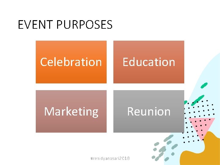 EVENT PURPOSES Celebration Education Marketing Reunion 