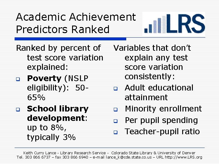 Academic Achievement Predictors Ranked by percent of Variables that don’t test score variation explain