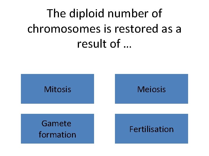 The diploid number of chromosomes is restored as a result of … Mitosis Meiosis