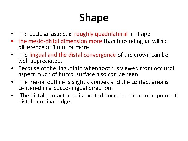 Shape • The occlusal aspect is roughly quadrilateral in shape • the mesio-distal dimension