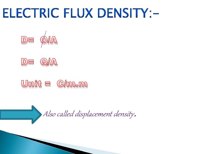 D= O/A D= Q/A Unit = C/m. m Also called displacement density. 