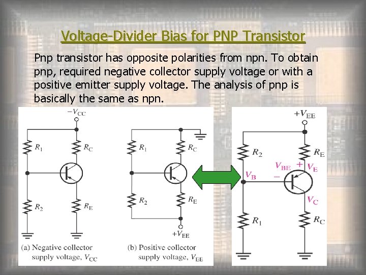 Voltage-Divider Bias for PNP Transistor Pnp transistor has opposite polarities from npn. To obtain