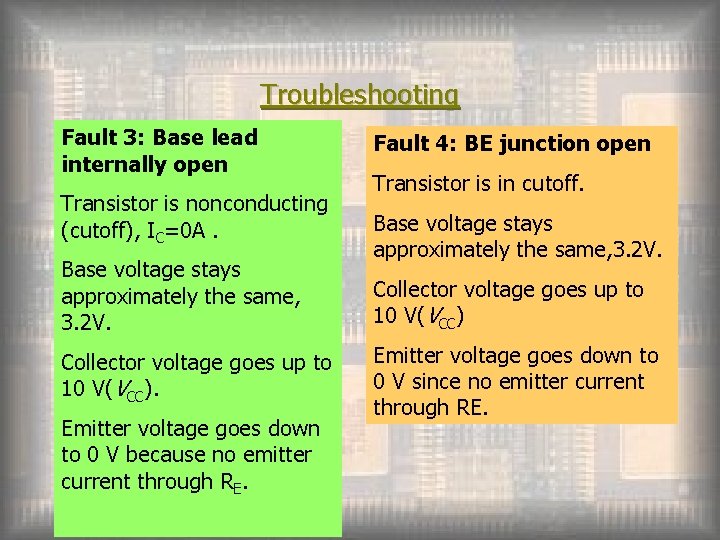 Troubleshooting Fault 3: Base lead internally open Transistor is nonconducting (cutoff), IC=0 A. Base
