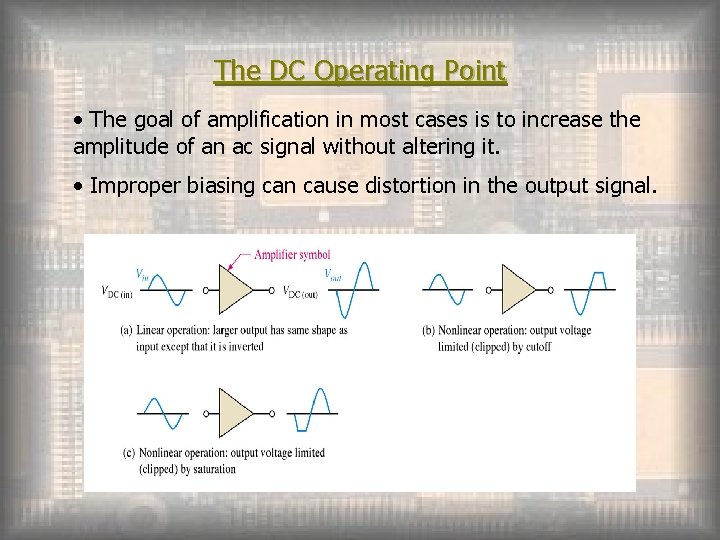 The DC Operating Point • The goal of amplification in most cases is to