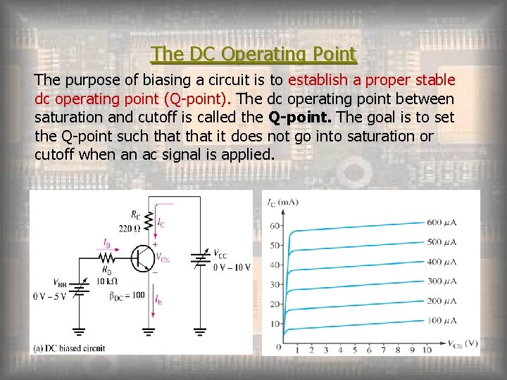 The DC Operating Point The purpose of biasing a circuit is to establish a