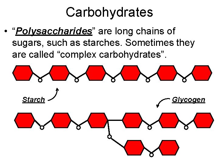 Carbohydrates • “Polysaccharides” are long chains of sugars, such as starches. Sometimes they are