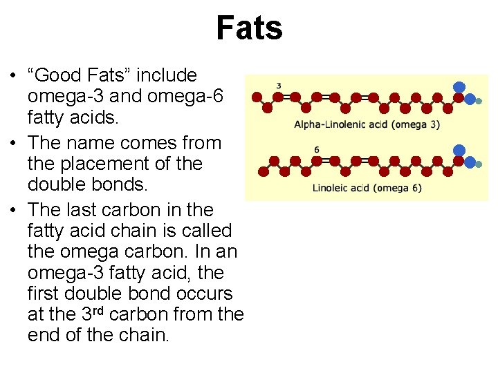 Fats • “Good Fats” include omega-3 and omega-6 fatty acids. • The name comes